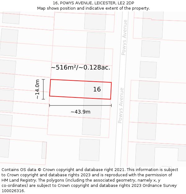 16, POWYS AVENUE, LEICESTER, LE2 2DP: Plot and title map