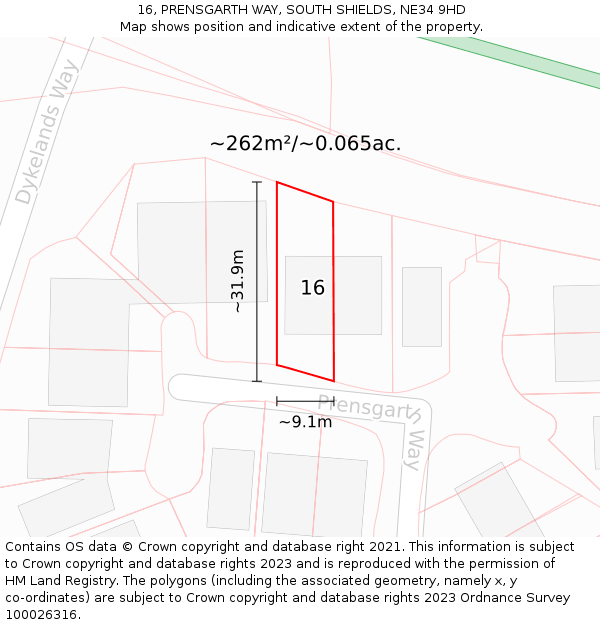 16, PRENSGARTH WAY, SOUTH SHIELDS, NE34 9HD: Plot and title map