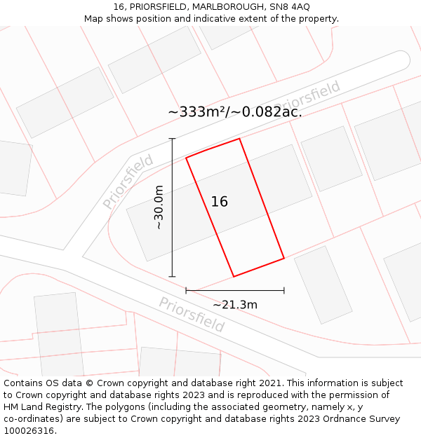 16, PRIORSFIELD, MARLBOROUGH, SN8 4AQ: Plot and title map