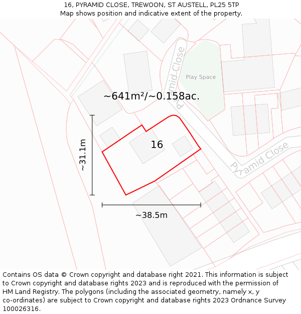 16, PYRAMID CLOSE, TREWOON, ST AUSTELL, PL25 5TP: Plot and title map