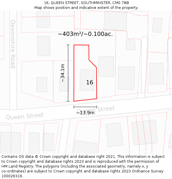 16, QUEEN STREET, SOUTHMINSTER, CM0 7BB: Plot and title map