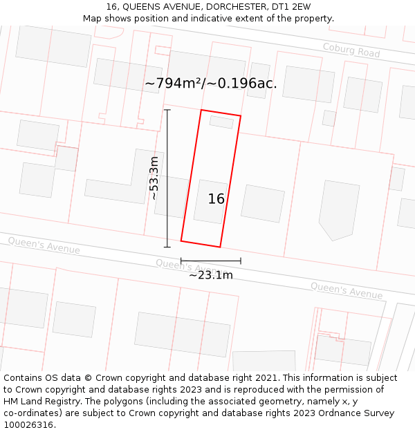 16, QUEENS AVENUE, DORCHESTER, DT1 2EW: Plot and title map