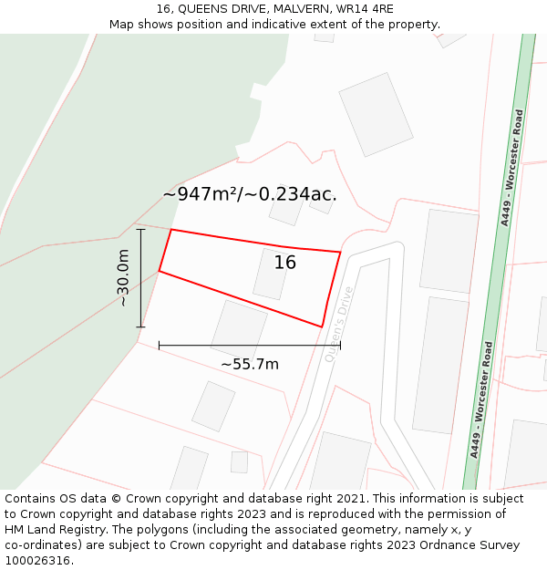 16, QUEENS DRIVE, MALVERN, WR14 4RE: Plot and title map
