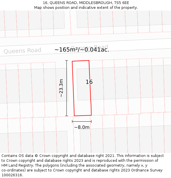 16, QUEENS ROAD, MIDDLESBROUGH, TS5 6EE: Plot and title map