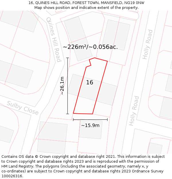 16, QUINES HILL ROAD, FOREST TOWN, MANSFIELD, NG19 0NW: Plot and title map