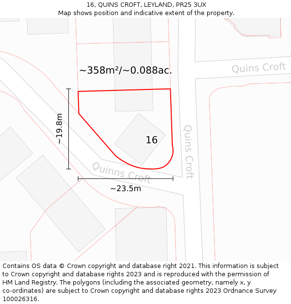 16, QUINS CROFT, LEYLAND, PR25 3UX: Plot and title map