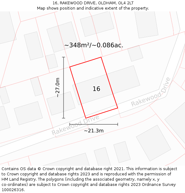 16, RAKEWOOD DRIVE, OLDHAM, OL4 2LT: Plot and title map