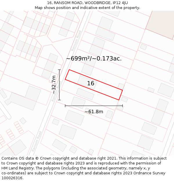 16, RANSOM ROAD, WOODBRIDGE, IP12 4JU: Plot and title map