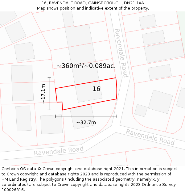 16, RAVENDALE ROAD, GAINSBOROUGH, DN21 1XA: Plot and title map