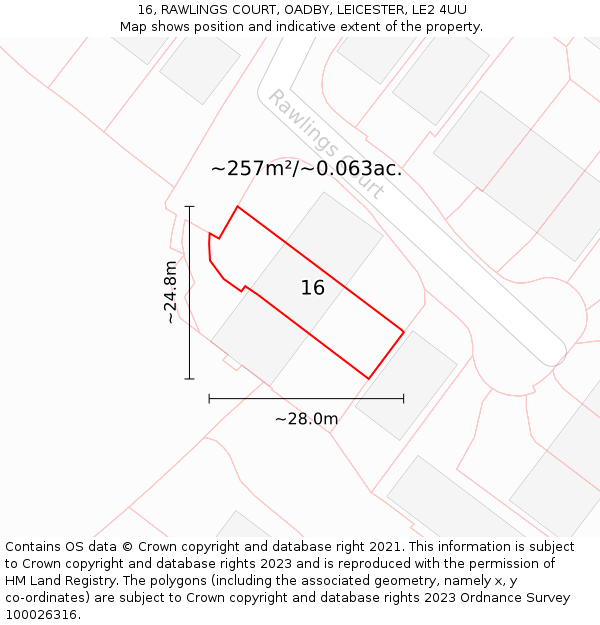 16, RAWLINGS COURT, OADBY, LEICESTER, LE2 4UU: Plot and title map