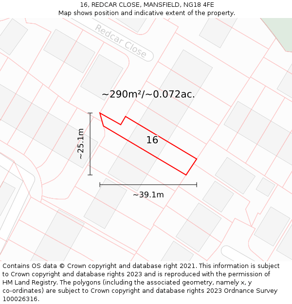 16, REDCAR CLOSE, MANSFIELD, NG18 4FE: Plot and title map