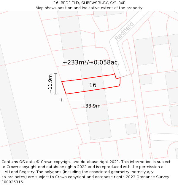 16, REDFIELD, SHREWSBURY, SY1 3XP: Plot and title map