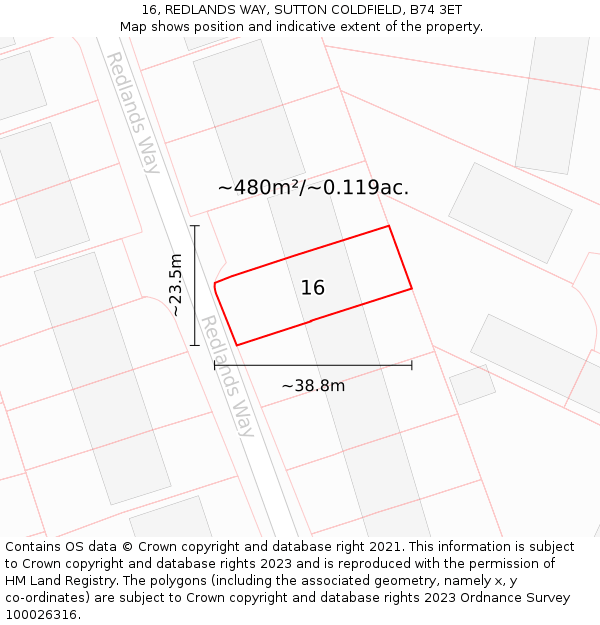 16, REDLANDS WAY, SUTTON COLDFIELD, B74 3ET: Plot and title map