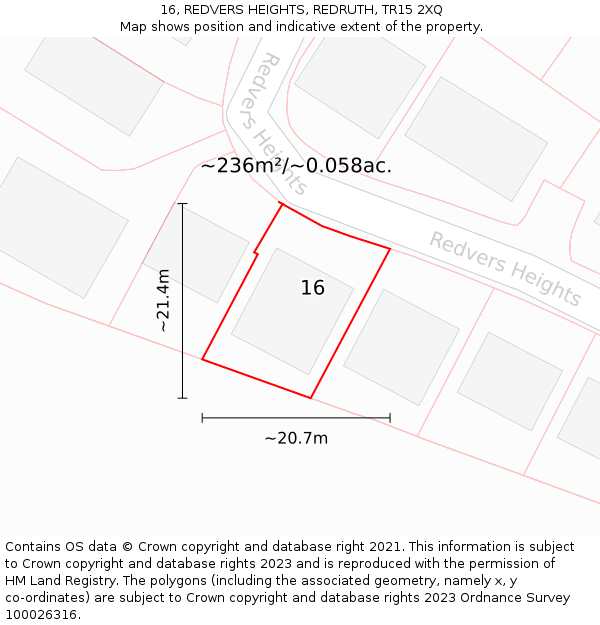 16, REDVERS HEIGHTS, REDRUTH, TR15 2XQ: Plot and title map