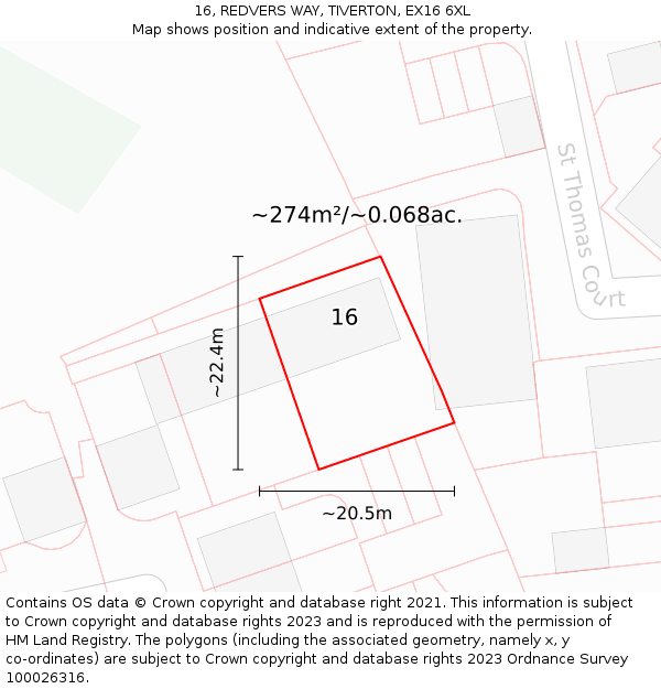 16, REDVERS WAY, TIVERTON, EX16 6XL: Plot and title map