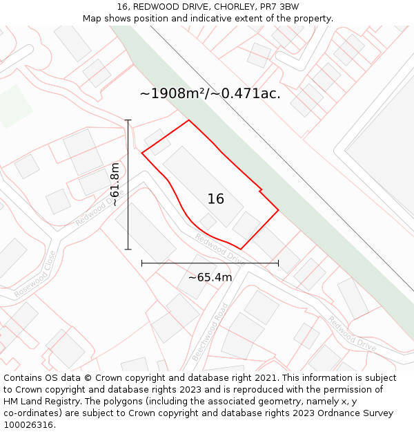 16, REDWOOD DRIVE, CHORLEY, PR7 3BW: Plot and title map