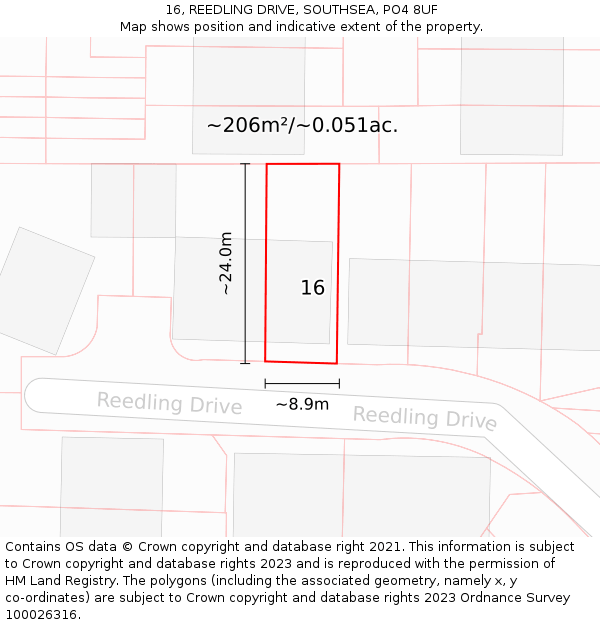 16, REEDLING DRIVE, SOUTHSEA, PO4 8UF: Plot and title map