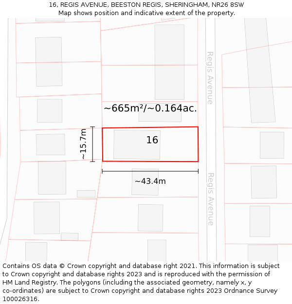 16, REGIS AVENUE, BEESTON REGIS, SHERINGHAM, NR26 8SW: Plot and title map