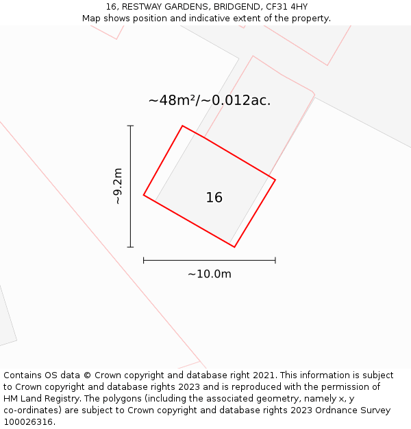 16, RESTWAY GARDENS, BRIDGEND, CF31 4HY: Plot and title map