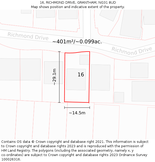 16, RICHMOND DRIVE, GRANTHAM, NG31 8UD: Plot and title map