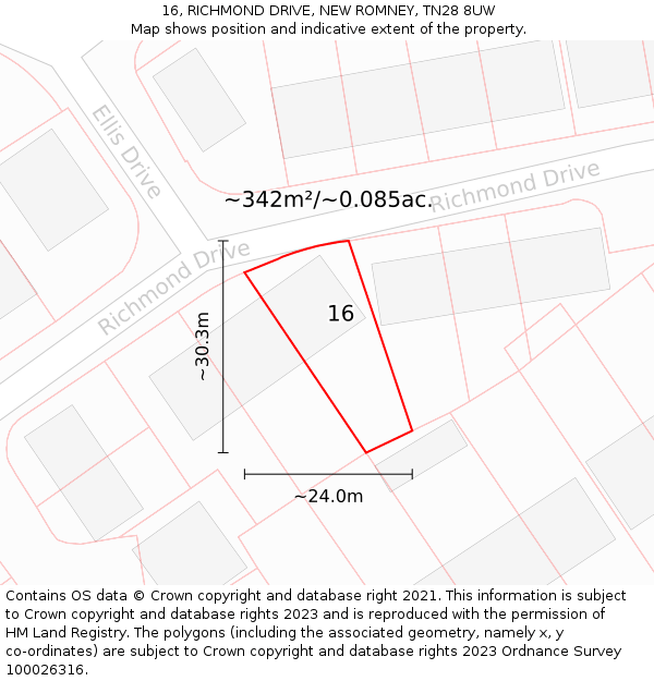 16, RICHMOND DRIVE, NEW ROMNEY, TN28 8UW: Plot and title map