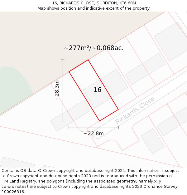 16, RICKARDS CLOSE, SURBITON, KT6 6RN: Plot and title map