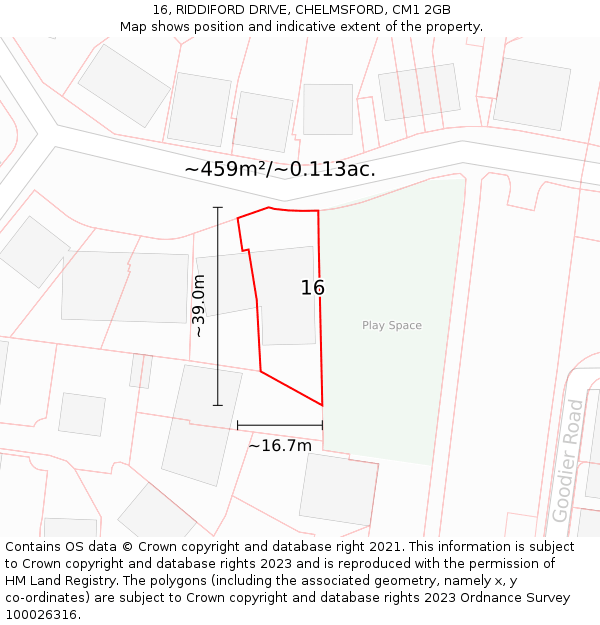 16, RIDDIFORD DRIVE, CHELMSFORD, CM1 2GB: Plot and title map