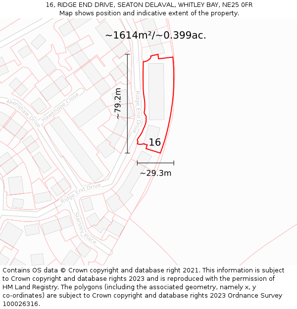 16, RIDGE END DRIVE, SEATON DELAVAL, WHITLEY BAY, NE25 0FR: Plot and title map