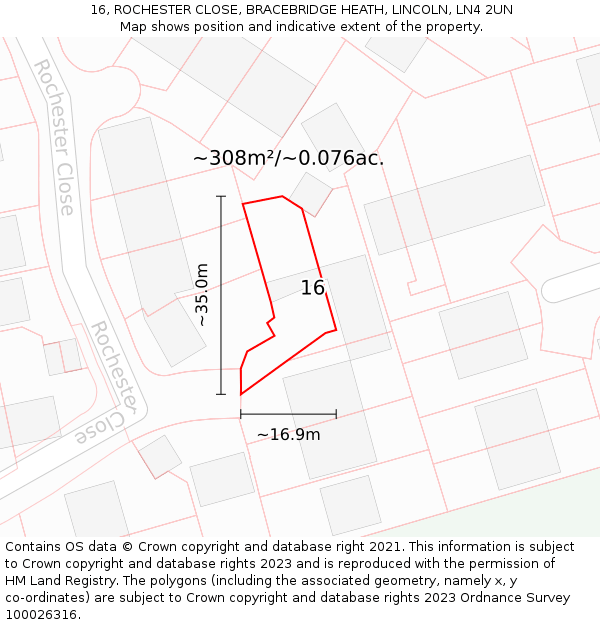 16, ROCHESTER CLOSE, BRACEBRIDGE HEATH, LINCOLN, LN4 2UN: Plot and title map