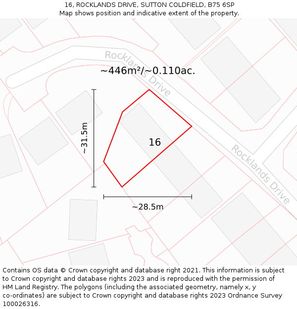 16, ROCKLANDS DRIVE, SUTTON COLDFIELD, B75 6SP: Plot and title map