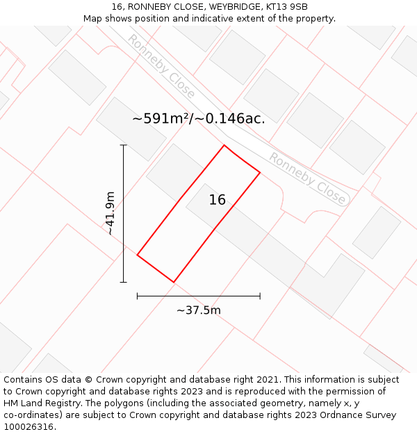 16, RONNEBY CLOSE, WEYBRIDGE, KT13 9SB: Plot and title map