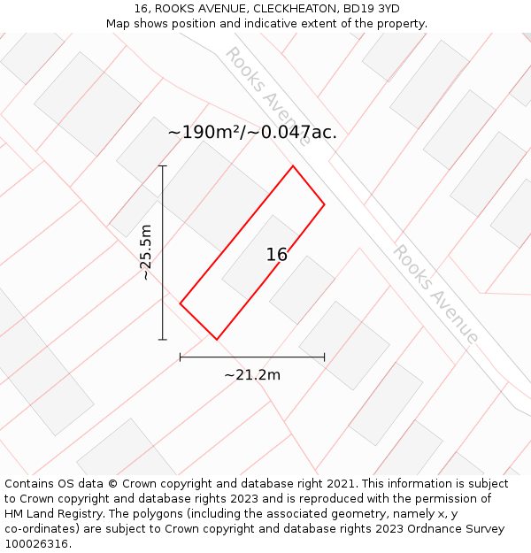 16, ROOKS AVENUE, CLECKHEATON, BD19 3YD: Plot and title map