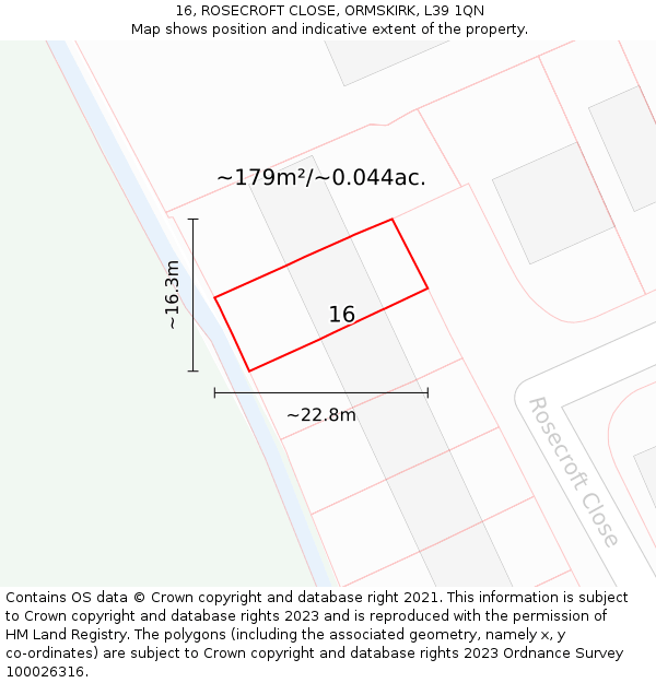 16, ROSECROFT CLOSE, ORMSKIRK, L39 1QN: Plot and title map