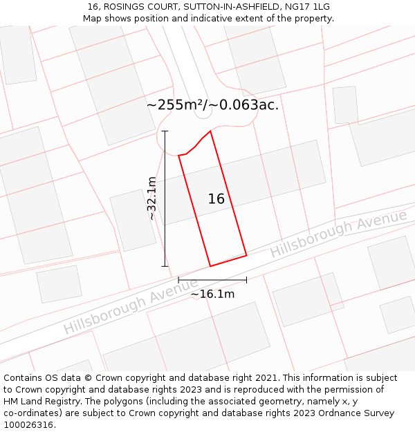 16, ROSINGS COURT, SUTTON-IN-ASHFIELD, NG17 1LG: Plot and title map