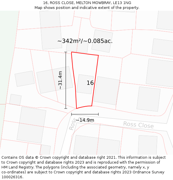 16, ROSS CLOSE, MELTON MOWBRAY, LE13 1NG: Plot and title map