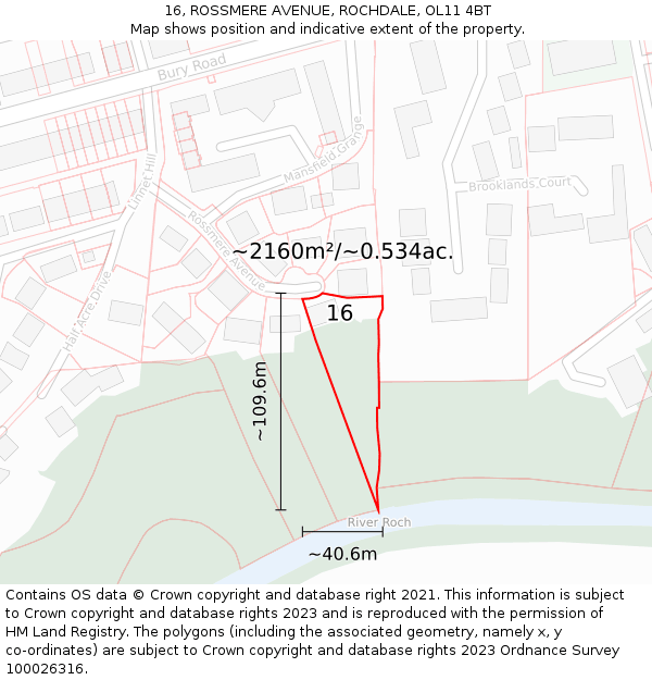 16, ROSSMERE AVENUE, ROCHDALE, OL11 4BT: Plot and title map