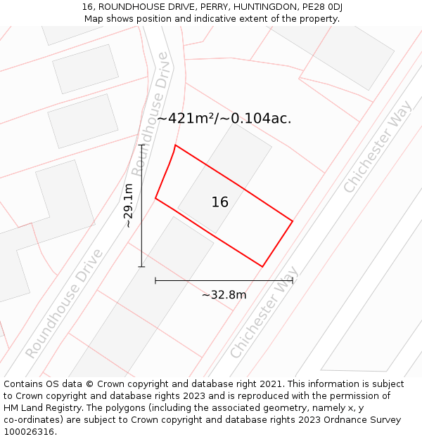 16, ROUNDHOUSE DRIVE, PERRY, HUNTINGDON, PE28 0DJ: Plot and title map