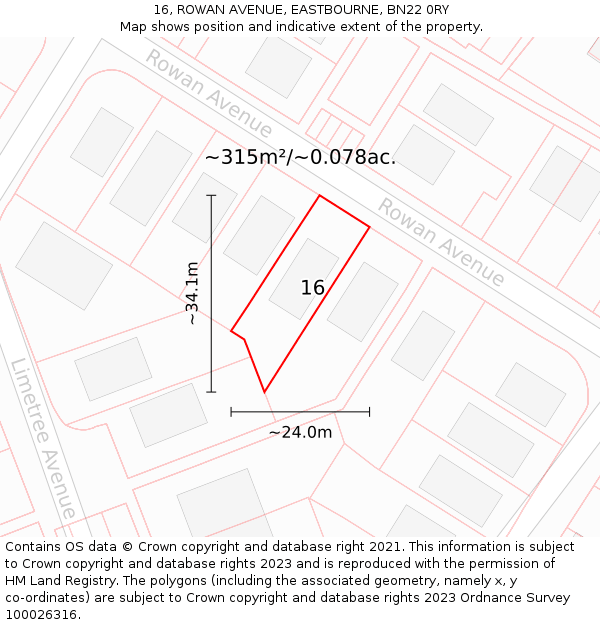 16, ROWAN AVENUE, EASTBOURNE, BN22 0RY: Plot and title map