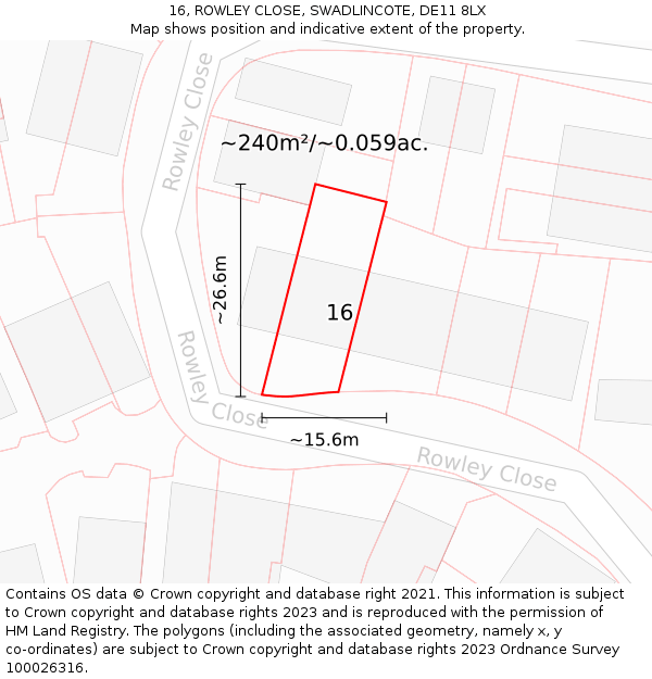 16, ROWLEY CLOSE, SWADLINCOTE, DE11 8LX: Plot and title map