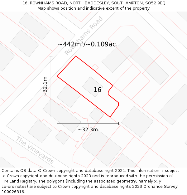 16, ROWNHAMS ROAD, NORTH BADDESLEY, SOUTHAMPTON, SO52 9EQ: Plot and title map