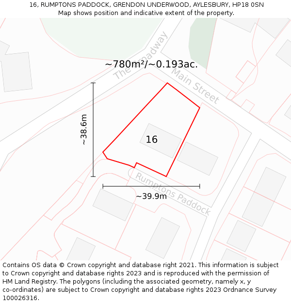 16, RUMPTONS PADDOCK, GRENDON UNDERWOOD, AYLESBURY, HP18 0SN: Plot and title map