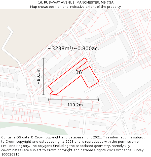 16, RUSHWAY AVENUE, MANCHESTER, M9 7GA: Plot and title map