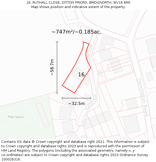 16, RUTHALL CLOSE, DITTON PRIORS, BRIDGNORTH, WV16 6RA: Plot and title map