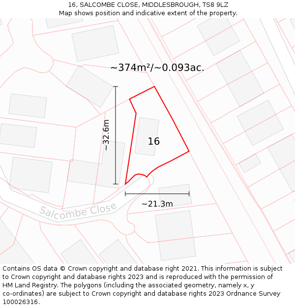 16, SALCOMBE CLOSE, MIDDLESBROUGH, TS8 9LZ: Plot and title map