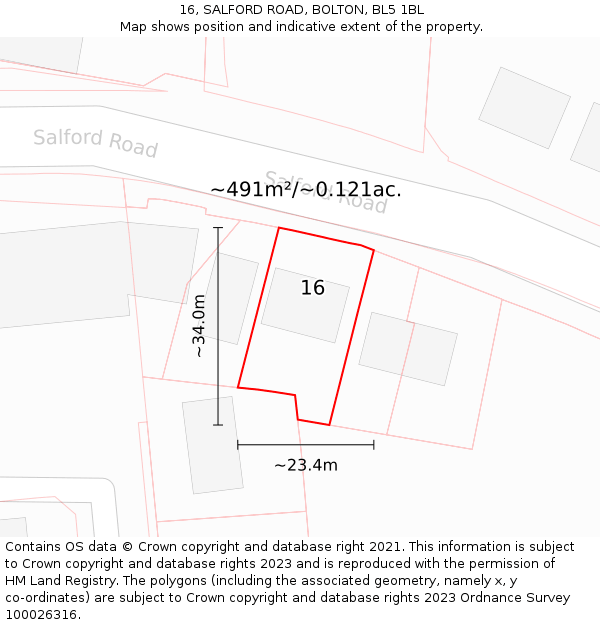 16, SALFORD ROAD, BOLTON, BL5 1BL: Plot and title map