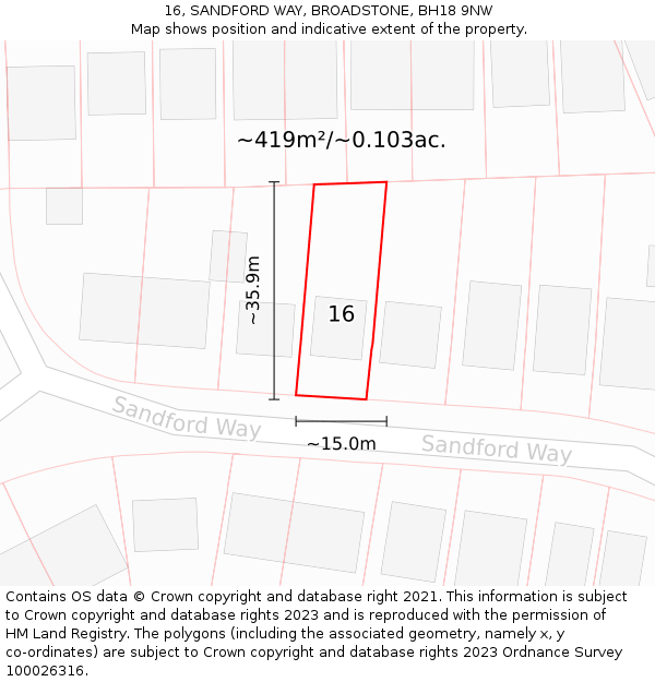 16, SANDFORD WAY, BROADSTONE, BH18 9NW: Plot and title map