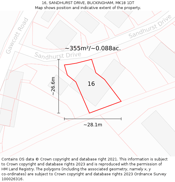 16, SANDHURST DRIVE, BUCKINGHAM, MK18 1DT: Plot and title map