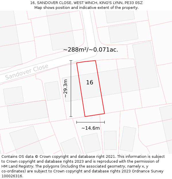 16, SANDOVER CLOSE, WEST WINCH, KING'S LYNN, PE33 0SZ: Plot and title map