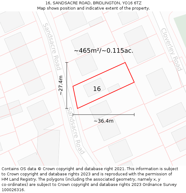 16, SANDSACRE ROAD, BRIDLINGTON, YO16 6TZ: Plot and title map