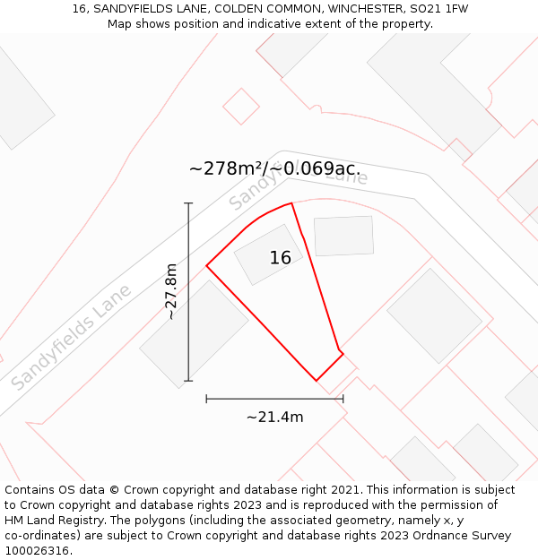 16, SANDYFIELDS LANE, COLDEN COMMON, WINCHESTER, SO21 1FW: Plot and title map